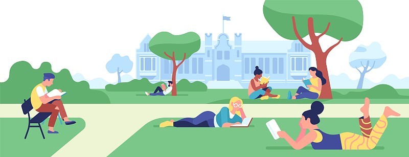 校园读书。大学生们在公园里准备上课。男孩和女孩在户外学习。人们在大学院里学习。青少年在草坪上休息。向