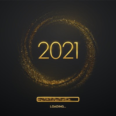 2021年新年快乐。金色金属豪华数字2021与加载条在闪烁的背景。爆裂的背景与闪光。贺卡、节日海报或