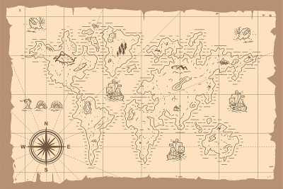 复古世界地图矢量卡通手绘插图。