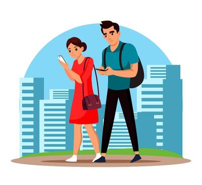 男人女人看着手机走在城市街道上