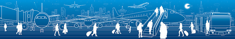 机场全景。飞机在跑道上。航空运输基础设施场景。飞机起飞，乘客登上飞机的公共汽车。夜城为背景，矢量设计