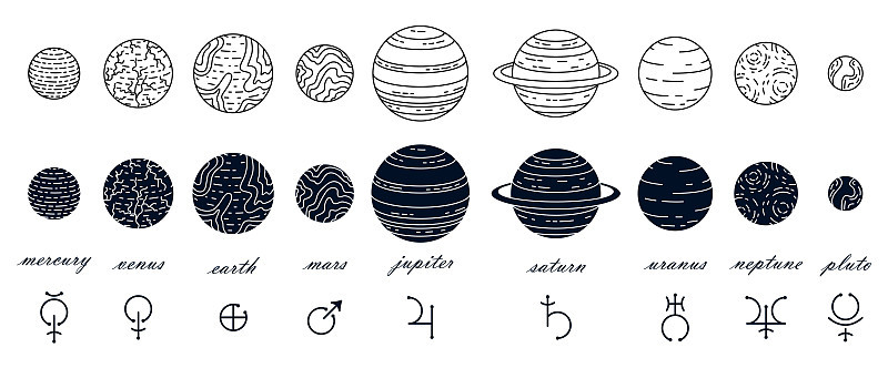 一组矢量行星。占星学,天文学。神秘的科学。