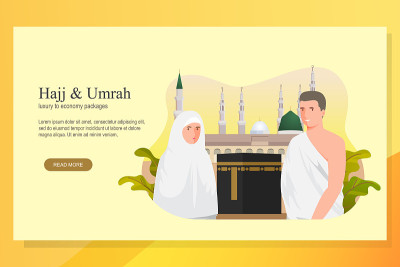 Hajj和umrah插图设计的着陆页面模板。