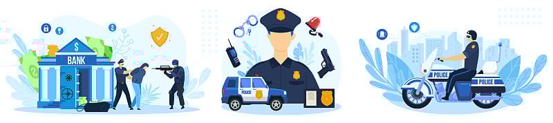 警察工作矢量插图集，卡通扁警察人物工作，警察人民保护银行免受攻击