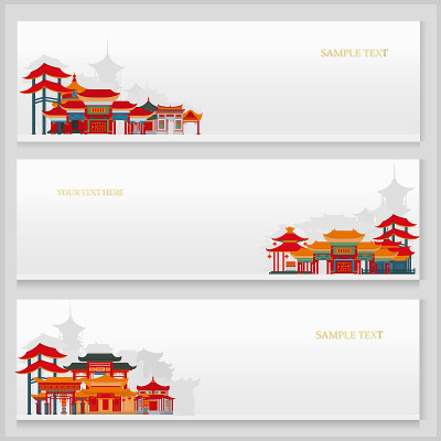 三张带有中国传统建筑的矢量明信片