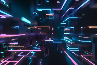 彩色的网络空间与交叉发光线，3d渲染。