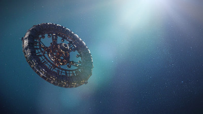 外太空有重力轮的空间站，蓝色背景的轨道站(3d科幻小说渲染)