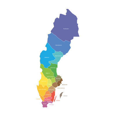 瑞典的县。区域及国家行政区划地图。色彩斑斓的矢量图