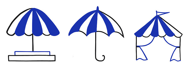 一套蓝带白条纹的户外遮阳篷、雨伞、帐篷。水彩图标，模板孤立的白色背景。