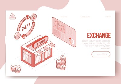 数字等距设计金融外汇app 3d图标概念集。等距商业金融符号-图表，欧元美元硬币，商店商店登陆页面横