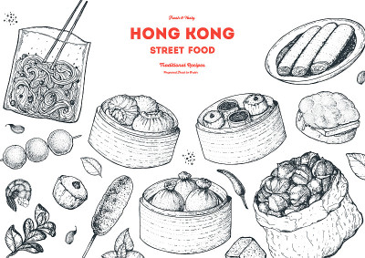 香港街头小吃架。中餐菜单设计模板。雕刻风格的插图。亚洲街头美食小品。复古手绘草图，矢量插图。