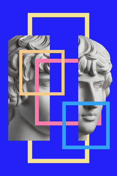 波普艺术风格的人脸拼贴画。现代创意概念形象与古代雕塑头像。电子杂志的文化。当代艺术海报。时髦的朋克极