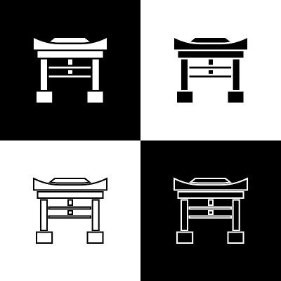 设置日本门图标隔离在黑色和白色背景。鸟居的迹象。日本传统古典大门符号。矢量图