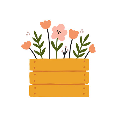 园艺工具盒种植和生长元素木盒与春天鲜花束插图