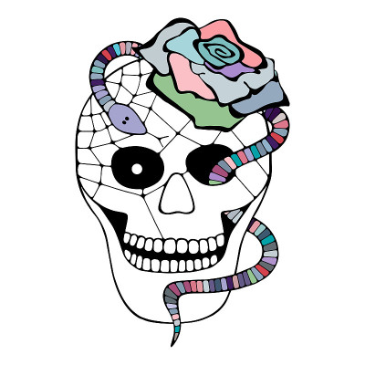 矢量黑白蓝色手绘插图，骷髅蛇，玫瑰牙齿，人类的剪影脸印恐怖为t恤墨西哥风格，死日墨西哥万圣节素描，纹