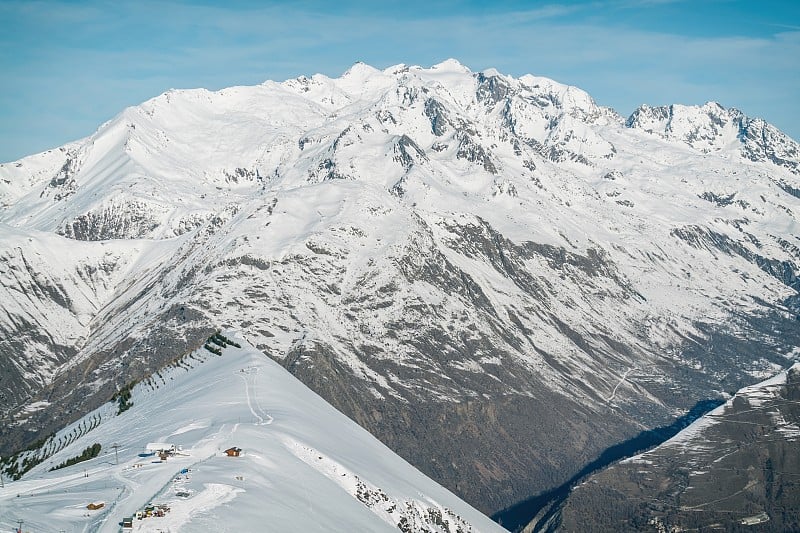 Les deux alpes resort in winter, mountains in Fren