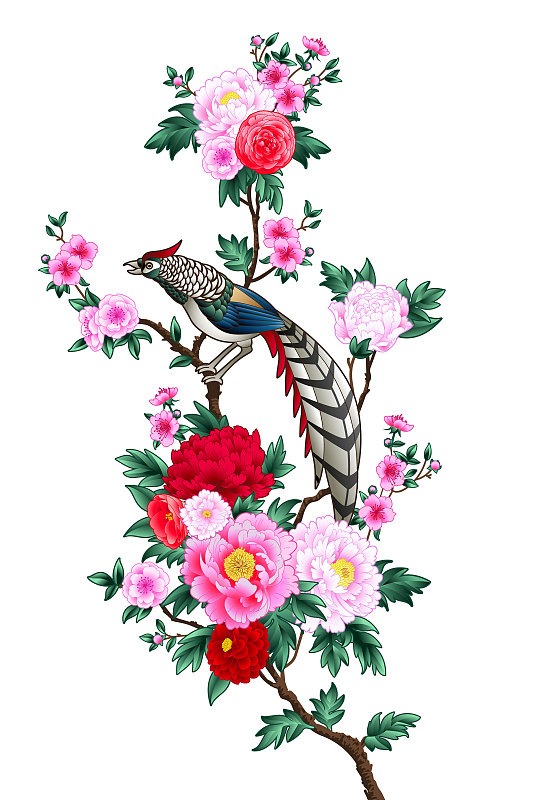 盛开的牡丹花枝和竖画布上的山鸡