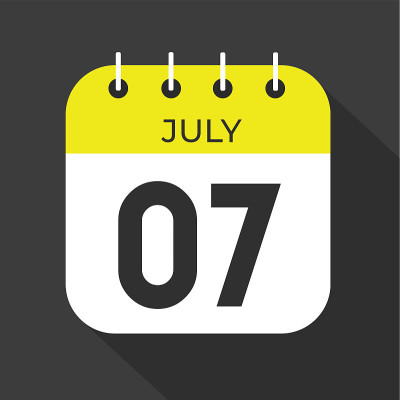 7月7日。第7号，在一张白色的纸上，黄色边框上有一个黑色的背景向量。