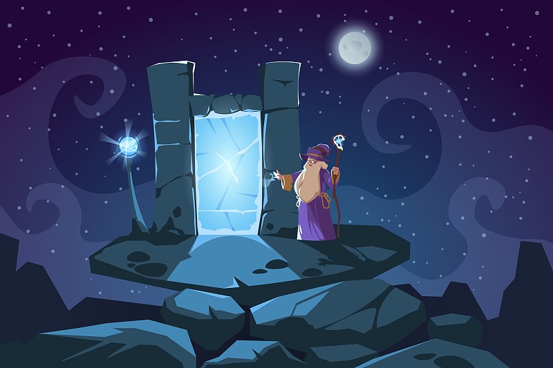 向导和传送门场景。卡通幻想背景魔术师和石头瞬间移动门。童话般的瞬间传送在岩石拱门。巫师在晚上施魔法。