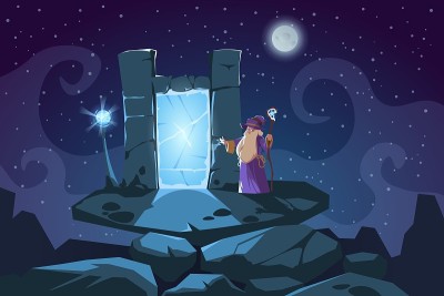 向导和传送门场景。卡通幻想背景魔术师和石头瞬间移动门。童话般的瞬间传送在岩石拱门。巫师在晚上施魔法。