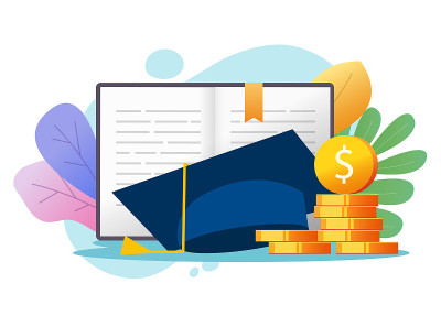 教育资金贷款信用概念或奖学金研究生费用，大学学费金融费用载体，学习或学习知识投资现金，学历扁平卡通插