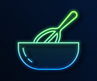 Glowing neon line Kitchen whisk and bowl icon isol