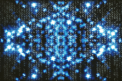 蓝色矩阵数字背景。抽象的网络空间的概念。人物倒了。来自符号流的矩阵。虚拟现实设计。复杂的算法数据黑客