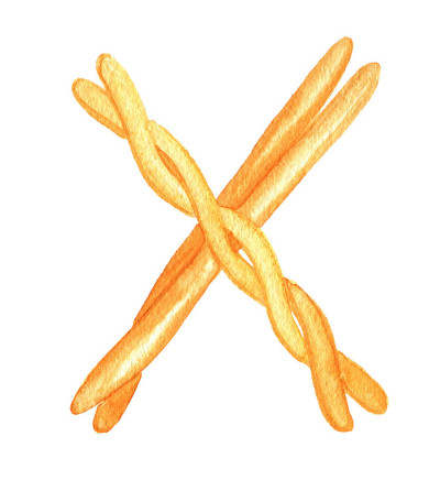 把长棍面包交叉成字母“X”。水彩。