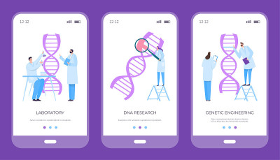 科学家探索人类dna基因组，载体插图。人们在卡通实验室进行医学研究。