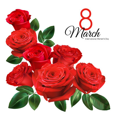 3月8日妇女节贺卡模板。现实的红玫瑰孤立在白色的背景。