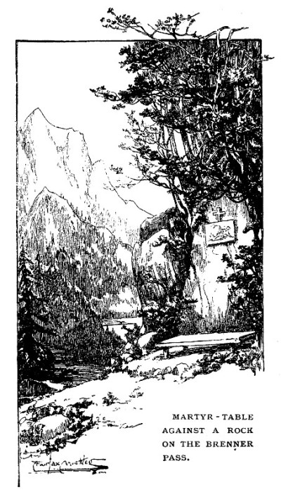 19世纪的文章插图描绘了一个烈士桌在布伦纳山口南蒂罗尔;艺术家Louis Fairfax Muckl