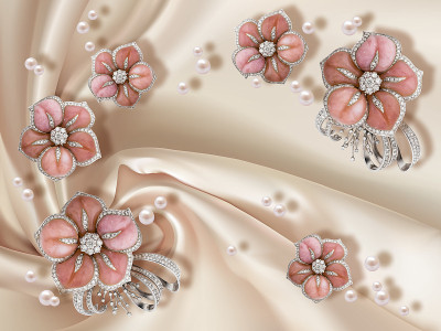3d壁纸纹理，珠宝花朵，珍珠在温柔的丝绸背景。庆祝3 d背景。