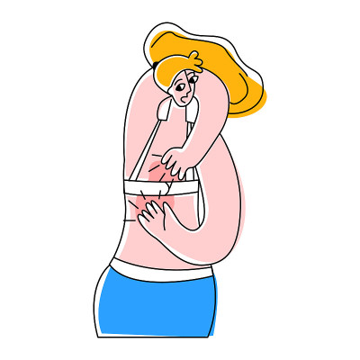 矢量平面插图年轻女子抓她的背部皮肤。