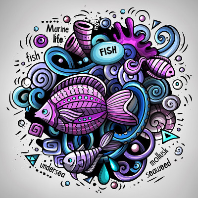 卡通矢量涂鸦水下世界插图