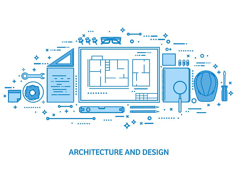 工程和建筑。图纸施工。建筑项目。设计草图。工作区与工具。规划建设。平坦的蓝色轮廓背景。线条艺术矢量图