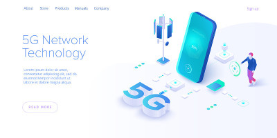 5g网络技术中的等距矢量图解。无线移动通信服务理念。营销网站登陆模板。智能手机网速连接背景。