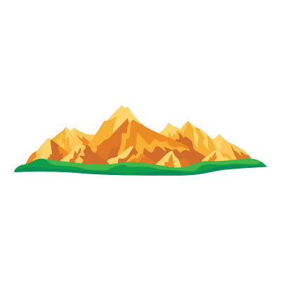 棕色的卡通山和岩石与绿色的山丘和许多山峰。