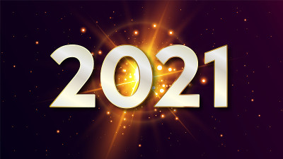 2021年新年快乐。文字明亮的背景。