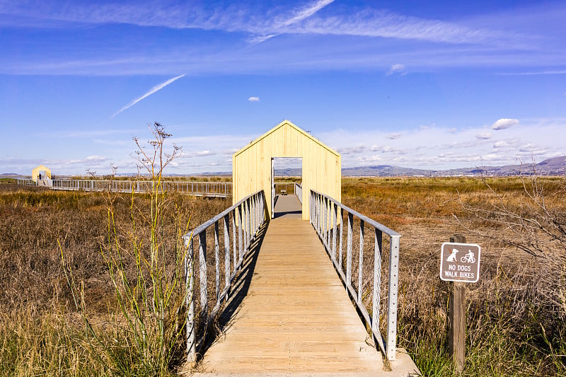 横跨沼泽的木板路，Alviso Marina县公园，南旧金山湾，圣何塞，圣克拉拉县，加利福尼亚州