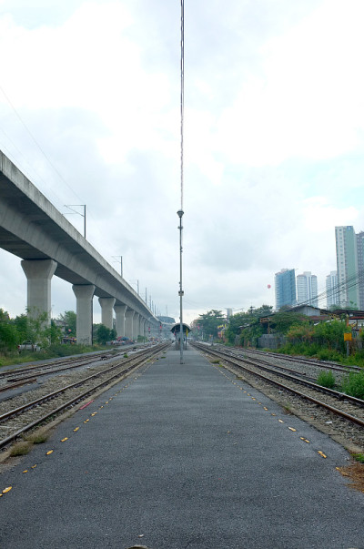 铁路在城市与晴朗的天空
