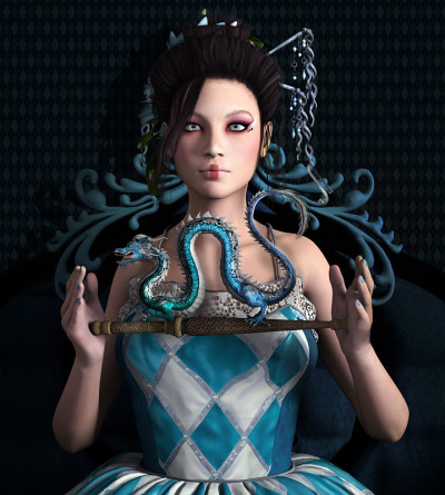 一个带着龙和魔杖的漂亮女人