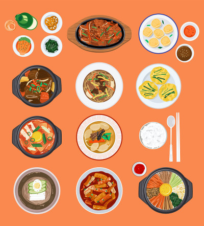 食物背景，从上到下查看各种韩国食物