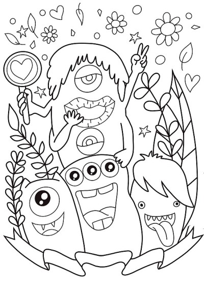 手绘插图，怪兽涂鸦插图涂色书，手绘卡通怪兽插图，卡通人群涂鸦手绘涂鸦风格。