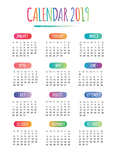 2019年日历涂鸦矢量与星期开始在白色背景周日