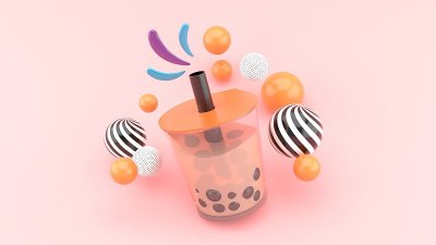 泡泡茶被粉红色背景的彩色球包围着。食品配送插画设计。3 d渲染。“n”n
