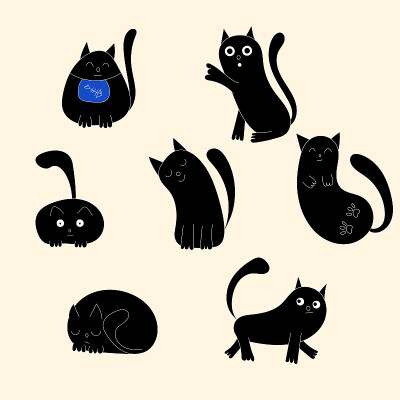 一群有趣的黑猫。矢量图