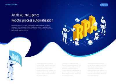 RPA、人工智能、机器人过程自动化、金融科技中的人工智能或机器改造等等距概念。着陆页模板