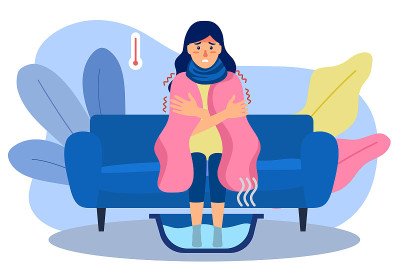 发烧的女人用温水泡脚。年轻女子感冒或流感概念矢量插图上的白色背景。
