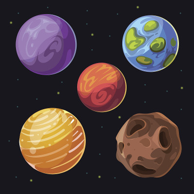 卡通外星行星，卫星和小行星的太空背景