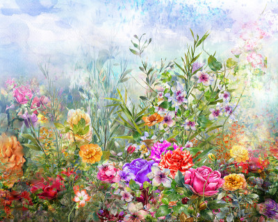 抽象彩色花卉水彩画。春天在大自然中五彩缤纷